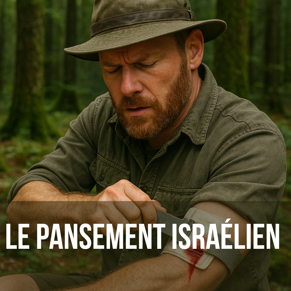 un homme qui se fait lui un pansement compressif d'urgence dans la forêt